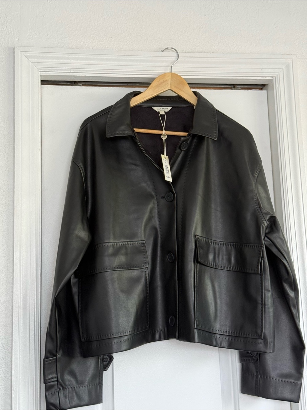 Max Studio Black Faux Leather Button-Front Jacket Oversized - Picture 1 of 16